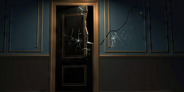 A broken door swings ominously on its hinges, creaking under the weight of countless secrets it holds