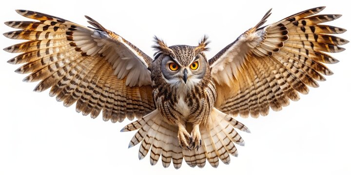 Majestic solitary owl in full flight, wings outstretched, feathers rustling, sharp talons extended, piercing gaze, against a pristine pure white isolated background, exuding wisdom.