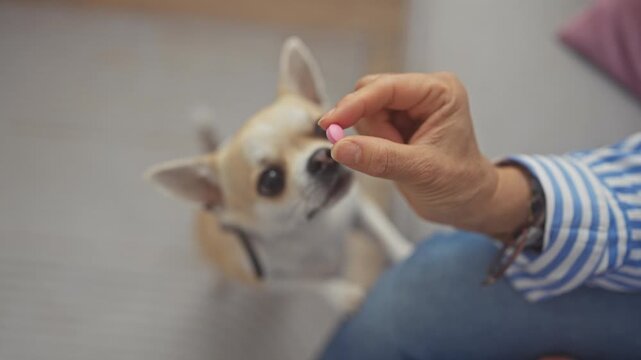 A mature woman gives a pill to her attentive chihuahua indoors, emphasizing care and pet health.