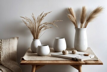 A table with a white vase, a white bowl, and a white vase with a white bowl on top of it