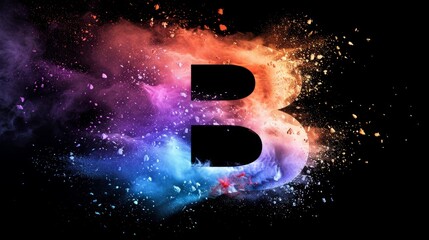 Colorful explosion of powder around a bold letter B on a black background