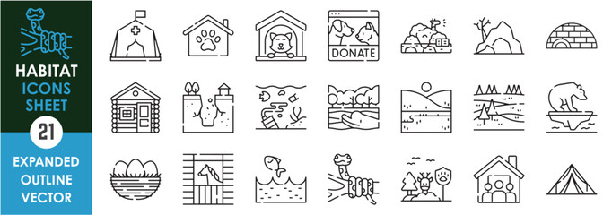 A set of line icons related to Habitat. Shelter, home, living, tree, forest, water, air, nest, stable, tent, cave, igloo and so on. Vector outline icons sets.