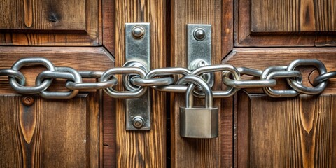 A thick metal chain twisted around door handles, securely fastened with a heavy-duty padlock, conveying a sense of isolation and inaccessibility.