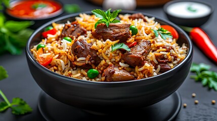 Spicy Indian biryani, aromatic rice dish, no shadows, no text on picture, no logo, no signature, no human body, no people, no plants, 