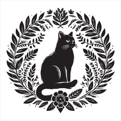 A cat and a plant in an illustrated frame  silhouette vector white background
