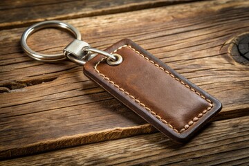 Brown leather key chain with ornate stitching and rustic charm, adorned with a rectangular metal tag suspended from a silver-toned metal ring.