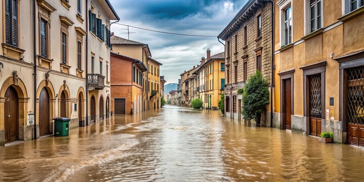 Flooded streets in Emilia Romagna Italy during heavy rainfall, flood, rain, disaster, weather, emergency