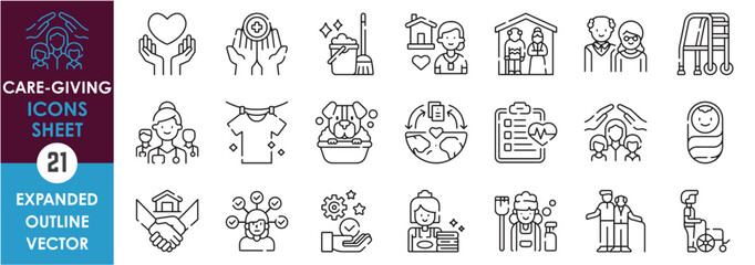 A set of line icons related to Care-giving. Care, protection, elderly, nursing, home, baby, responsibility, job, maid, clean, pet, assist, and so on. Vector outline icons set.