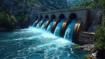 Aerial View of a Large Hydroelectric Dam with Flowing Water Surrounded by Lush Greenery and Rocky Mountains on a Sunny Day