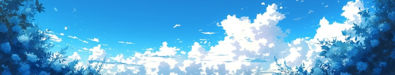 Obraz premium Enchanting Winter Wonderland: Anime-Style Fantasy Landscape with Honeysuckle Blossoms in Snowy Scenery. Vibrant Blue Sky and Delicate Flowers for Creative Marketing, Game Design, and Seasonal Artwork.