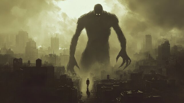 A powerful figure with a shadow in the shape of a monster looming over a city