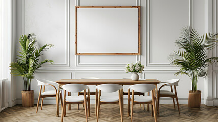 A modern dining room with a large framed picture on the wall, a wooden table with six white chairs, and two large potted plants.