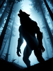Silhouette of a werewolf howling in the woods at night, scary halloween scene