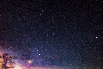 Milky way stars photographed with a star tracker from a dark mountain location in summertime season.