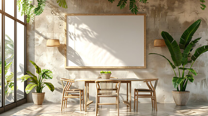 A modern dining room with a large blank canvas above a wooden table and chairs, decorated with tropical plants and natural light.