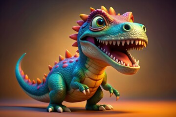 Fototapeta premium A colorful 3D cartoon dinosaur with a goofy expression, mouth agape, revealing sharp teeth, stands on all fours, Its textured skin and vibrant scales shining brightly.