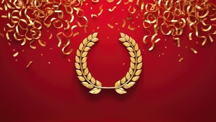 A beautifully crafted gold laurel wreath on a red background, sprinkled with confetti, embodies the essence of triumph, recognition, and festive celebration