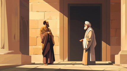 Self-Righteous Pharisee and Humble Tax Collector Praying in Temple Christian Theme Beige Background and Copyspace