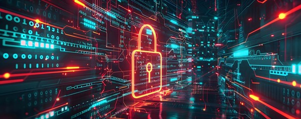 A glowing padlock surrounded by a digital network of lines and binary code