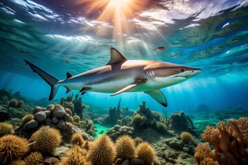 A solitary shark glides effortlessly through the turquoise waters of a coral reef, its majestic fin slicing through the surface with powerful elegance.