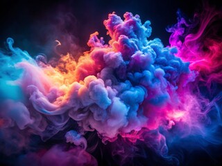 Fototapeta premium Vibrant swirling clouds of colorful smoke envelop a glowing neon-lit atmosphere, illuminated by radiant hues of pink, blue, and purple, against a dark mysterious background.