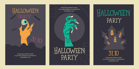 Halloween, All saints day party invitation, poster, template, flyer. Scary zombie hands. Holiday creepy leaflet design. Helloween advertising card, layout with text.  Hand drawn vector illustration