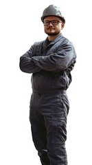 Isolated, transparent, no background, Confident Industrial Worker in Protective Gear with Hard Hat and Workwear