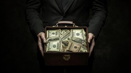 A person in a suit with a hidden face, holding a briefcase full of money