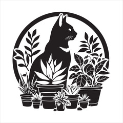 A cat and a plant in an illustrated frame  silhouette vector with white background