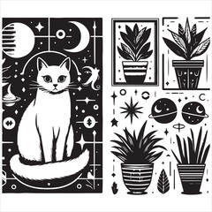 A cat and a plant in an illustrated frame  silhouette vector with white background