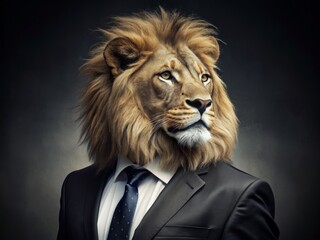 Sophisticated, majestic lion sporting sleek black suit, crisp white shirt, and patterned tie, gazing confidently into the distance with regal, intelligent eyes.