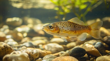 Fototapeta premium A fish swimming in a freshwater stream with pebbles and water plants visible below.