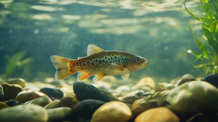 Fototapeta premium A fish swimming in a freshwater stream with pebbles and water plants visible below.