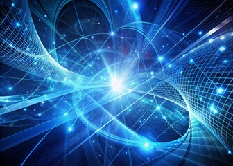 Fototapeta premium Vibrant blue digital abstract background with swirling wisps of light, futuristic patterns, and grid-like structures, evoking a sense of advanced technology and modernity.