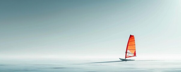 Fototapeta premium Minimalist windsurfing, single sail, white background, clean lines