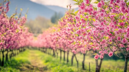 A row of peach trees in full bloom, with soft pink flowers and small developing fruits in a sunny garden