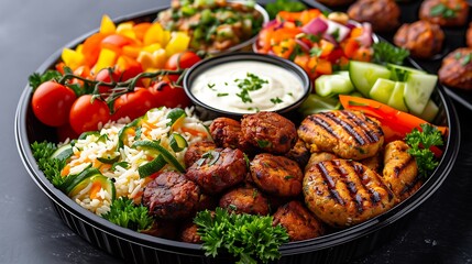 Crispy falafel platter, Mediterranean spread, no shadows, no text on picture, no logo, no signature, no human body, no people, no plants, 