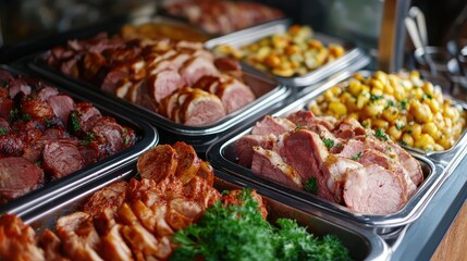Obraz premium A variety of cooked meats, including roast beef, chicken, and pork, served buffet-style.