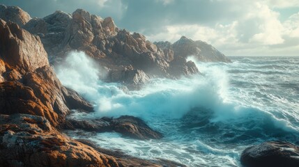 Obraz premium Ocean Waves Crashing on Rocky Coast