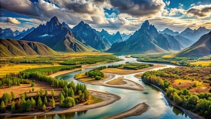 Idyllic landscape featuring winding rivers and majestic mountains, scenic, beauty, nature, serene, peaceful