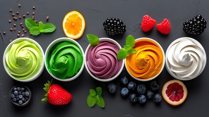 Colorful gelato display, various flavors, no shadows, no text on picture, no logo, no signature, no human body, no people, no plants, 