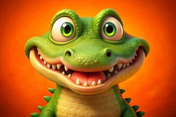 Fototapeta premium Vibrant orange background features a whimsical illustration of a happy crocodile with bright green eyes and a wide toothy smile, surrounded by subtle texture.