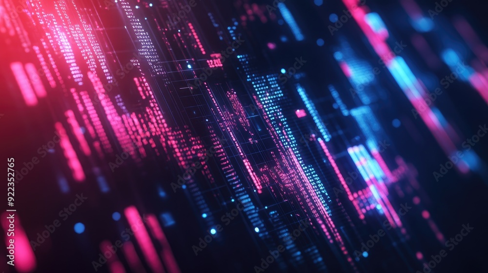 Poster abstract digital financial interface with glowing lines and data points on a dark background.