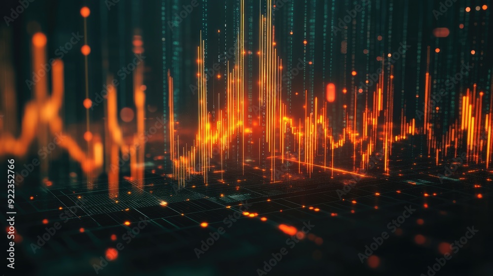 Poster abstract digital financial interface with glowing lines and data points on a dark background.