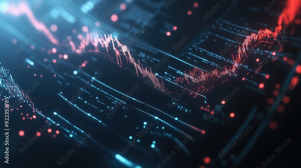 Poster abstract digital financial interface with glowing lines and data points on a dark background.