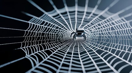 Obraz premium A 3D digital spider web with a search engine robot navigating it, symbolizing the web-crawling function of search engines