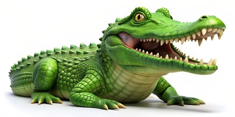 Obraz premium A cartoonish illustration of a bright green alligator with sharp teeth and claws, wearing a big smile, sitting on a plain white background.