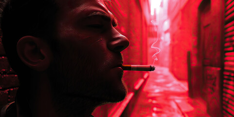 Fototapeta premium A man in an alleyway, his face lit by a single streetlight, contemplatively smoking a cigarette as he ponders his next move.