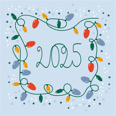 festive new year garland with lamps frame blue 2025 one line, new card