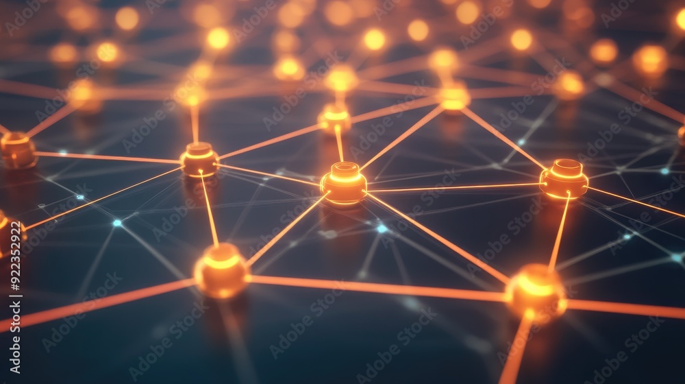 Poster abstract digital grid with glowing nodes representing a connected business network.